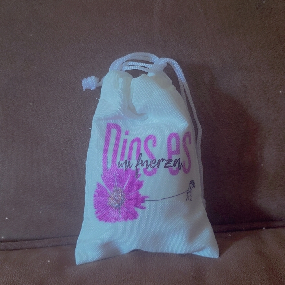White Drawstring Bag with Pink Flower Design